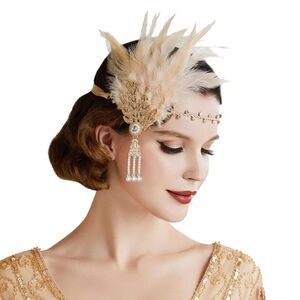 ✨ NWT Art Deco 1920’s Gatsby Flapper Feather Crystal Rhinestone & Pearl Headband